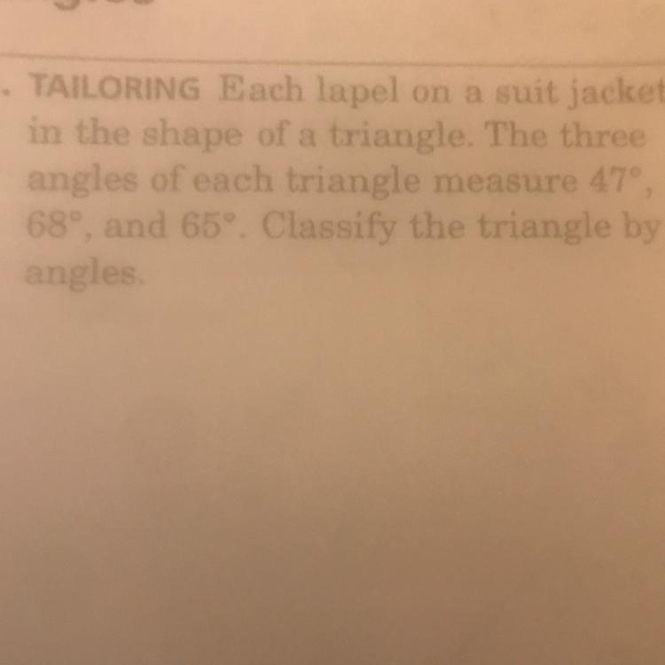 Each lapel on a suit jacket is in the shape of a triangle.the three angles of each-example-1