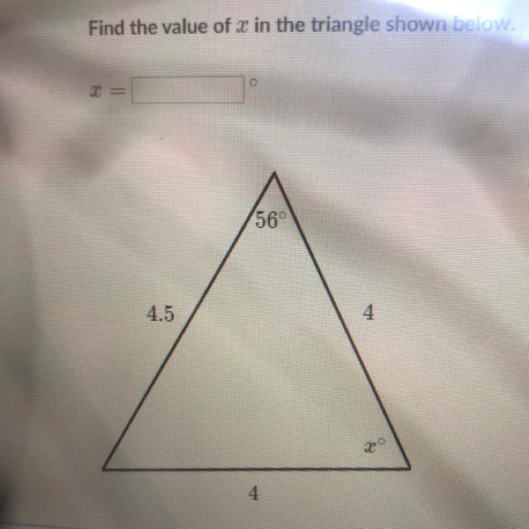 Find the value of x in the triangle shown below.-example-1