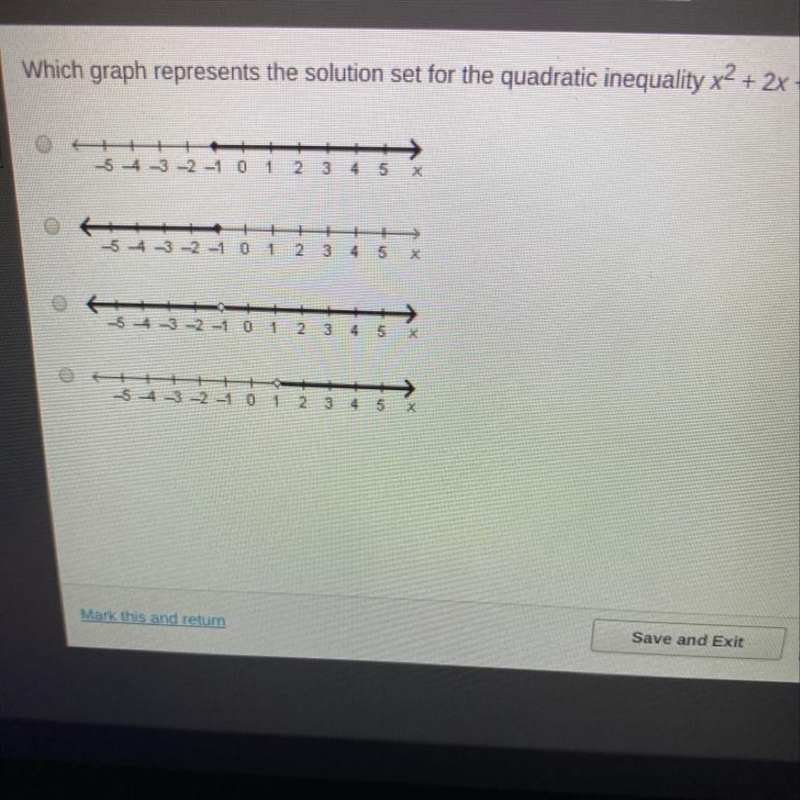 Which graph represents the solution set for the quadratic inequality x^2+2x+1>0?-example-1