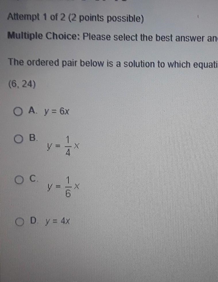 The ordered pair below is a solution to which equation (6, 24)?​-example-1