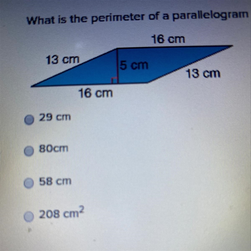 What is the perimeter of a parallelogram with side lengths 13 centimeters and 16 centimeters-example-1