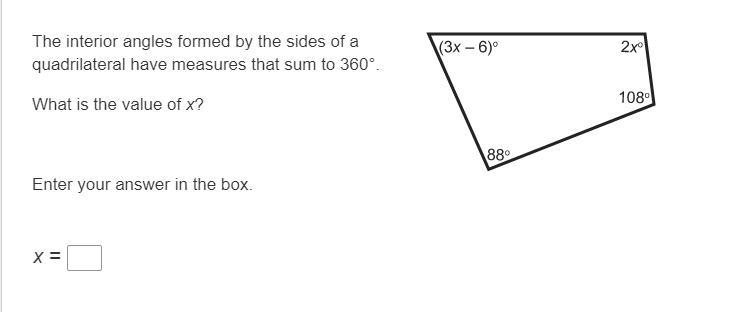 The interior angles formed by the sides of a quadrilateral have measures that sum-example-1