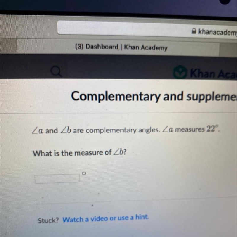 Za and Zb are complementary angles. Za measures 22º. What is the measure of Zb?-example-1