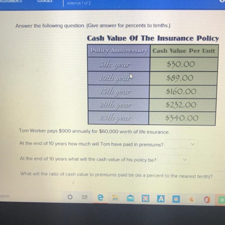 Tom Worker pays $900 annually for $60,000 worth of life insurance At the end of 10 years-example-1