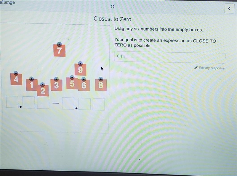 Drag any six numbers into the empty boxes. Your goal is to create an expression as-example-1