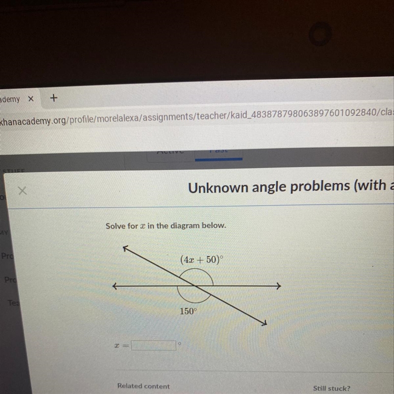 Solve for x in the diagram below. (4x + 50° 150° =-example-1