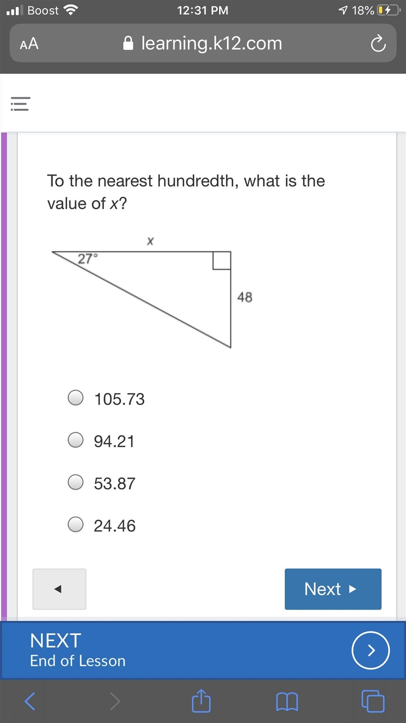 To the nearest hundredth, what is the value of x? 105.73 94.21 53.87 24.46-example-1