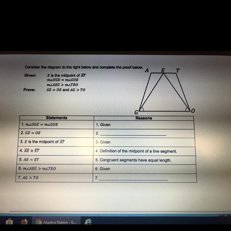 Consider the diagram to the right below and complete the proof below A ) Isosceles-example-1