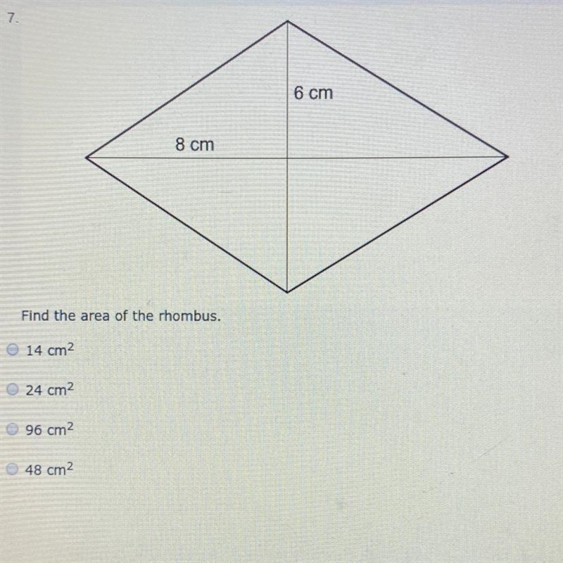 Find the area of the rhombus.-example-1