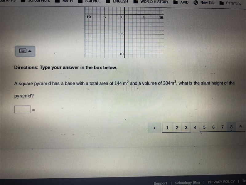 A square pyramid has a base with a total area of 144m^2 and a volume of 384m^3, what-example-1