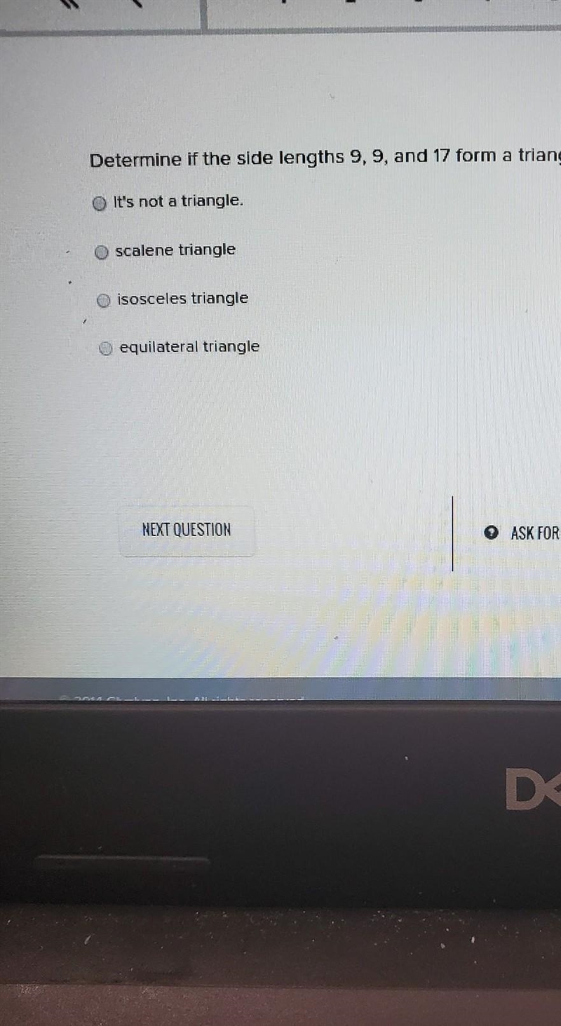 Determine if the side lengths 9,9,and 17 form a triangle. If if its a triangle, classify-example-1