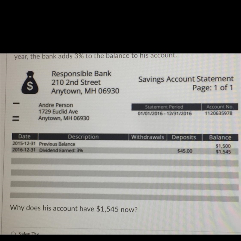 Andre is saving money for college. He had $1,500 in his account. At the end of the-example-1