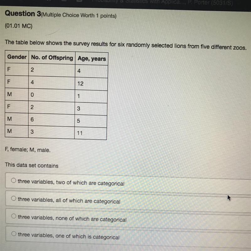 The table below shows the survey results for six randomly selected lions from five-example-1