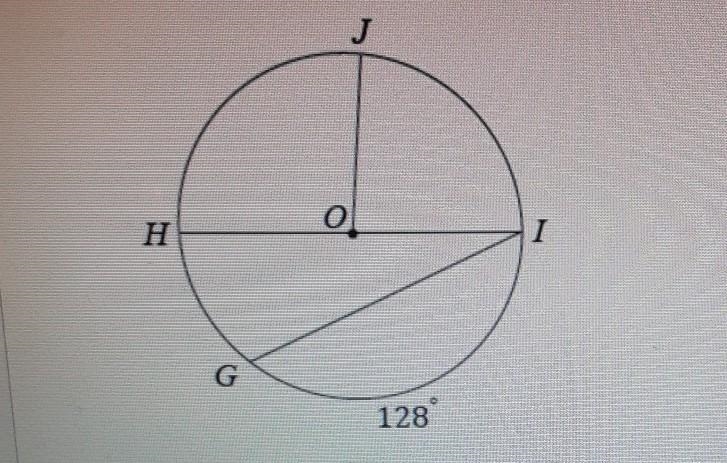 In the circle below, O is the center and mĞ= 128° What is the measure of angle HIG-example-1