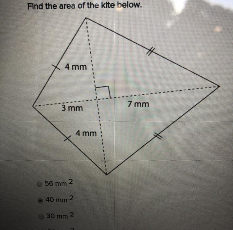 Find the area of the kite. 56 mm 2 40 mm 2 30 mm 2 80 mm 2-example-1