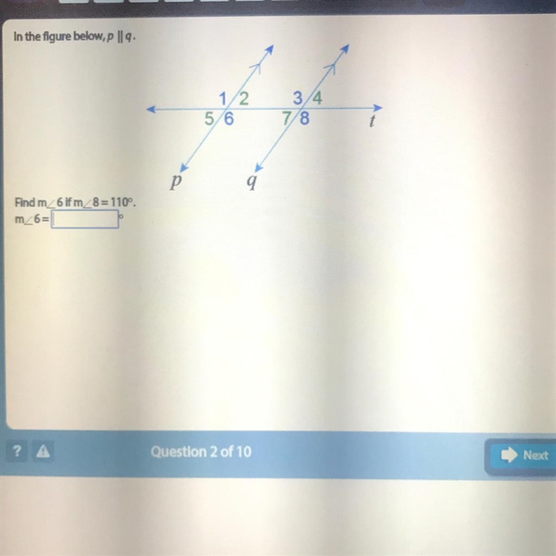 Using the figure bellow find m<_6 if m<_8=110 degrees. What will m<_6=? (show-example-1