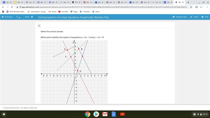 Which point satisfies the system of equations y = 3x − 2 and y = -2x + 3?-example-1