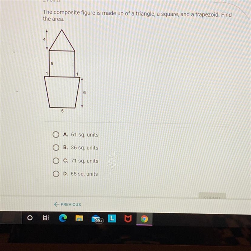 The composite figure is made up of a triangle, a square and a trapezoid find the area-example-1