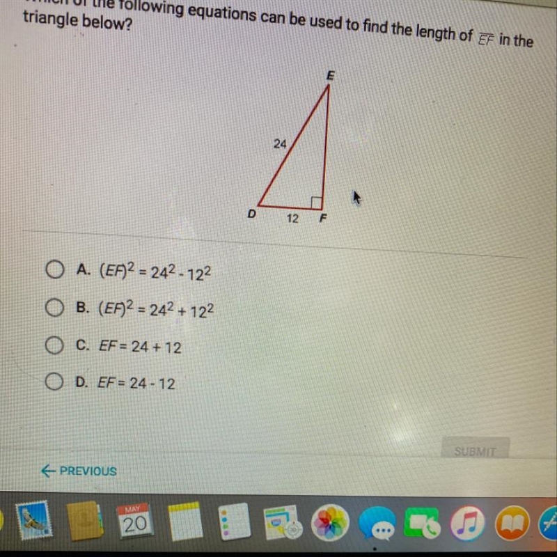 Which of the following equations can be used to find the length of EF in the triangle-example-1