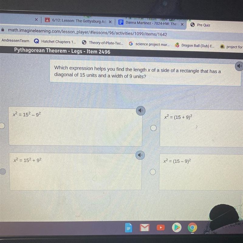 Which expression helps you find the length x of a side of a rectangle that has a diagonal-example-1