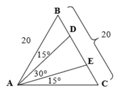 In △ABC, AB = BC = 20 and DE ≈ 9.28. Approximate BD.-example-1