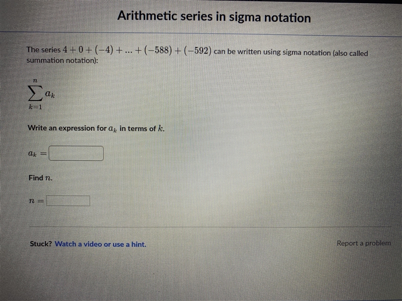 I am so confused. Write an expression for ak in terms of k Find n Check picture for-example-1