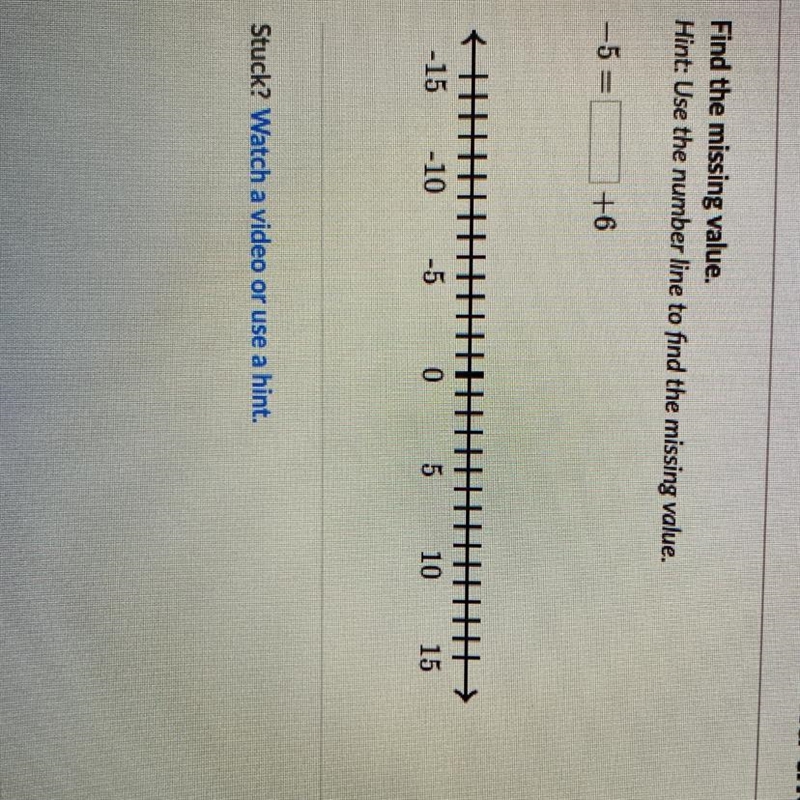 Find the missing value. Hint: Use the number line to find the missing value. -5=_+6-example-1