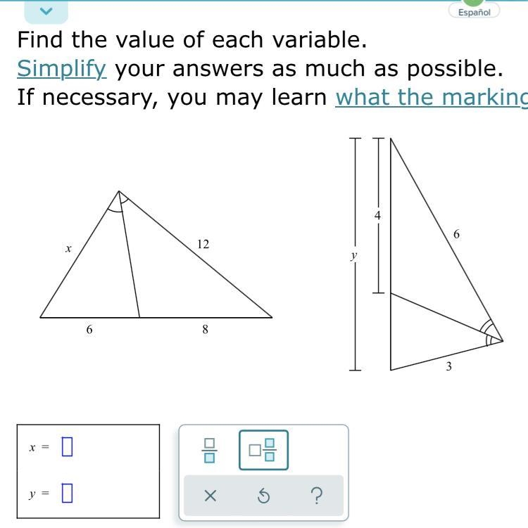 Triangles and angle Bisectors ! Find x & y .-example-1