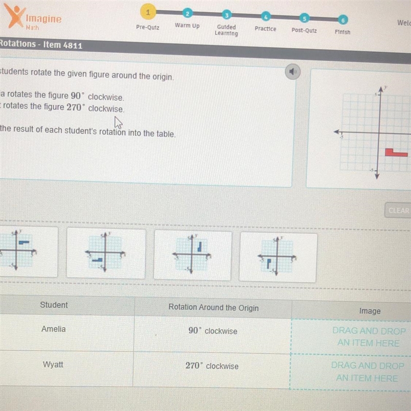 Two students rotate the given figure around the origin. Amelia rotates the figure-example-1