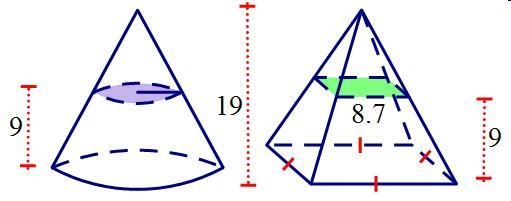 If the cone and the square pyramid have the same volume, find the radius of the cross-example-1