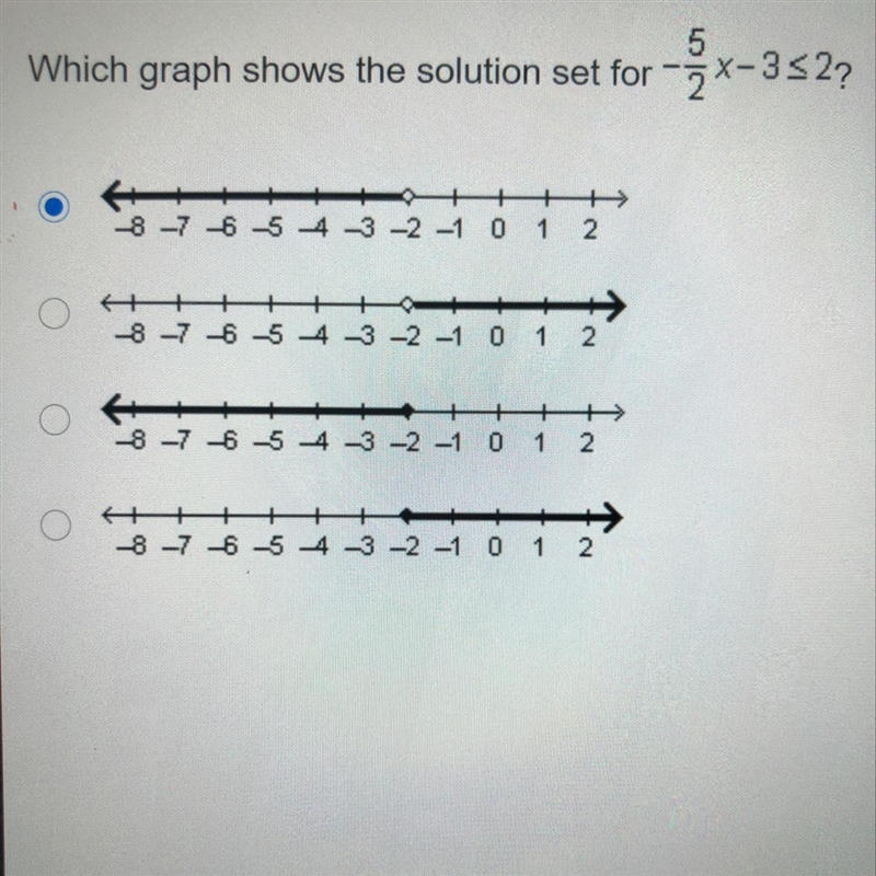 5 Which graph shows the solution set for zx-352? -8 -7 -6 -5 4 -3 -2 -1 0 1 2 -8 -7 -6 -5 4 -3 -2 -1 0 1 2 + -8-7 -6 -5 4 -3 -2 -1 0 1 2 -8-7 -6 -5 4 -3 -2 -1 0 1 2-example-1