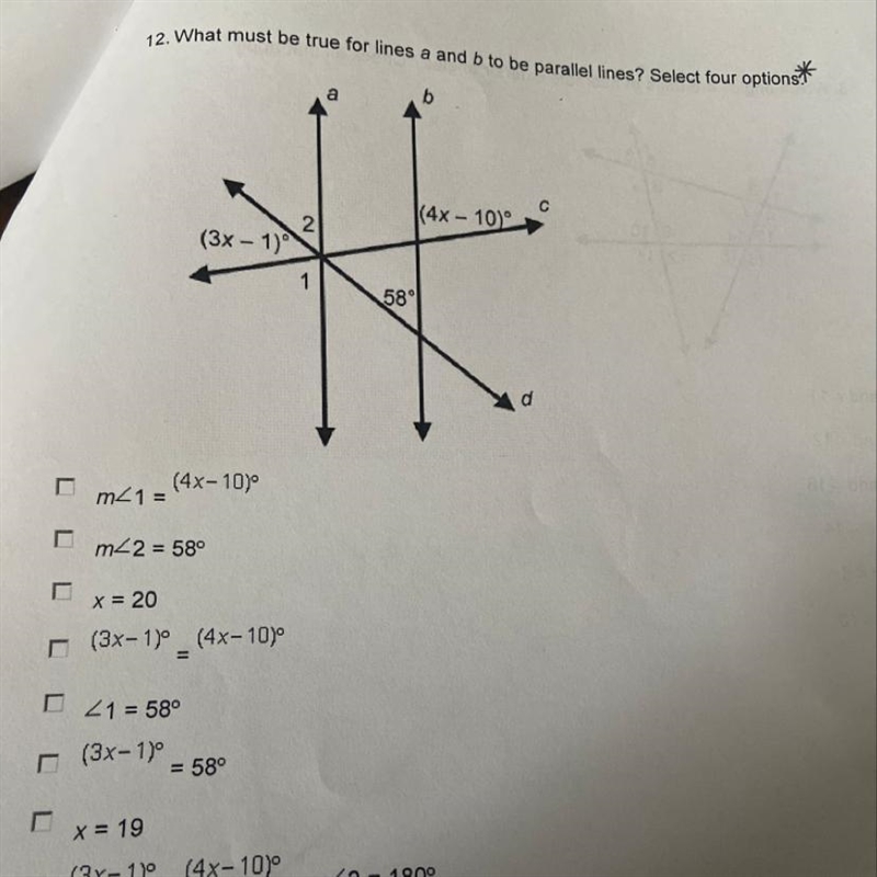 What must be true for lines a and b to be parallel lines? Select four options See-example-1