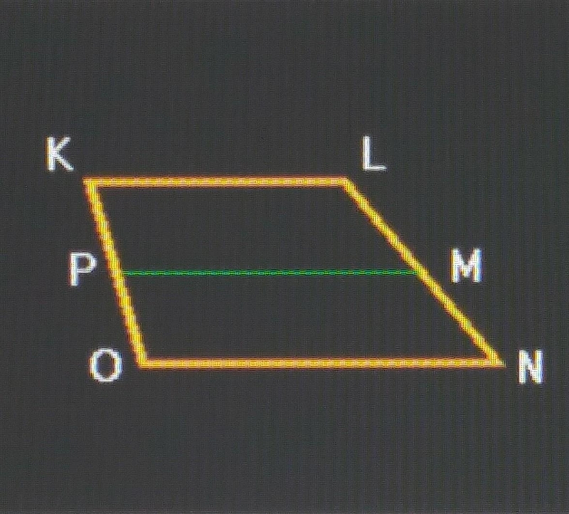 PM is the median of trapezoid KLNO. If ON= 30 centimeters and KL= 20 centimeters, which-example-1