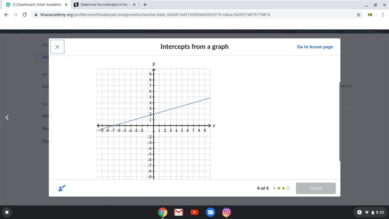 Determine the intercepts of the line.-example-2