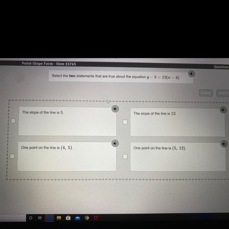 Select the two statements that are true about the equation y-5= 12(x - 4).-example-1