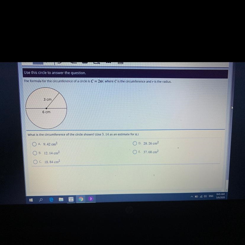 The formula for the circumference of a circle is C = 2tr, where is the circumference-example-1