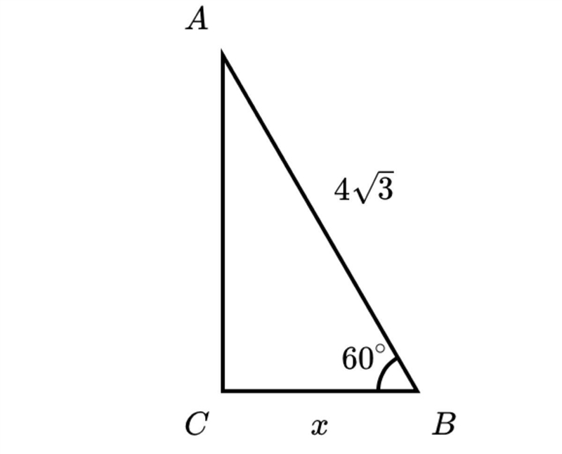 In the right triangle shown B=60 and AB=4V3 how long is BC plz help-example-1