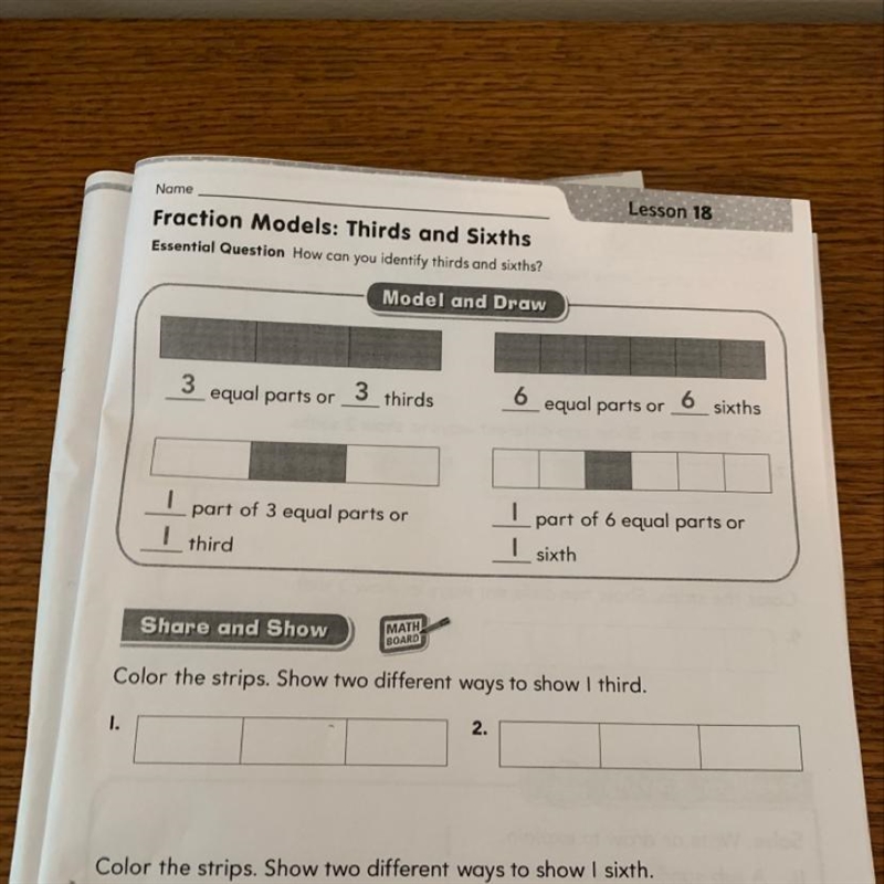 Color the strips. Show two different ways to show 1 third. Picture above.-example-1