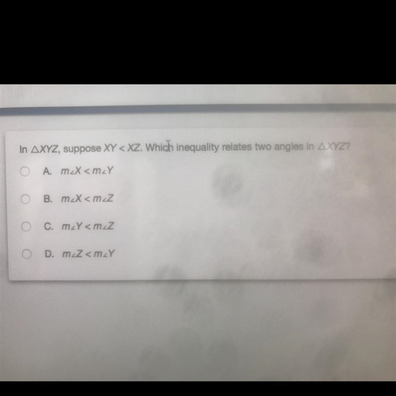 Which inequality relates 2 angles in triangle XYZ?-example-1