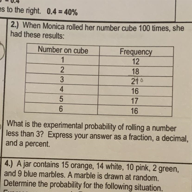 What is the experimental probability of rolling a number less than 3?-example-1