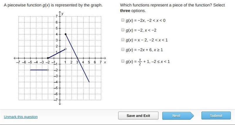 Which functions represent a piece of the function? Select three options.-example-1