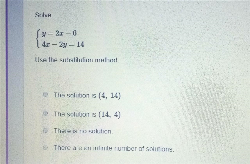 NEED HELP Solve. y=2x-6 4x-2y=14 ​-example-1