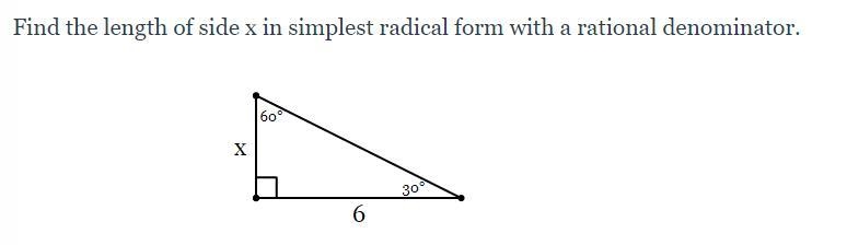 Find the length of side x in simplest radical form with a rational denominator.-example-1