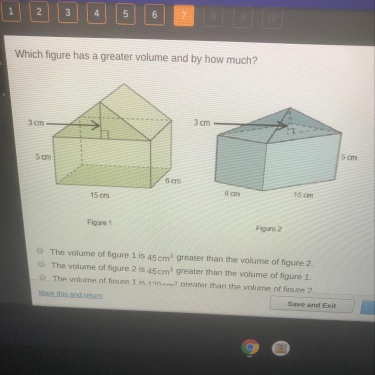 Which figure has a greater volume and by how much? 3 cm 3 cm 5 cm 5 cm 8 cm 6 cm 15 cm-example-1