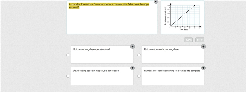 A computer downloads a 5 -minute video at a constant rate. What does the slope represent-example-1