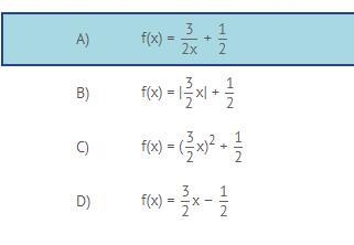 Which function is linear? A) f(x) = 3/2x + 1/2 B) f(x) = |3/2x| + 1/2 C) f(x) = (3/2x-example-1