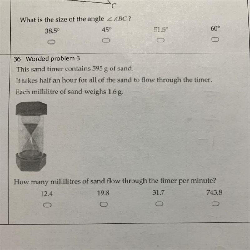 This sand timer contains 595 g of sand. It takes half an hour for all of the sand-example-1