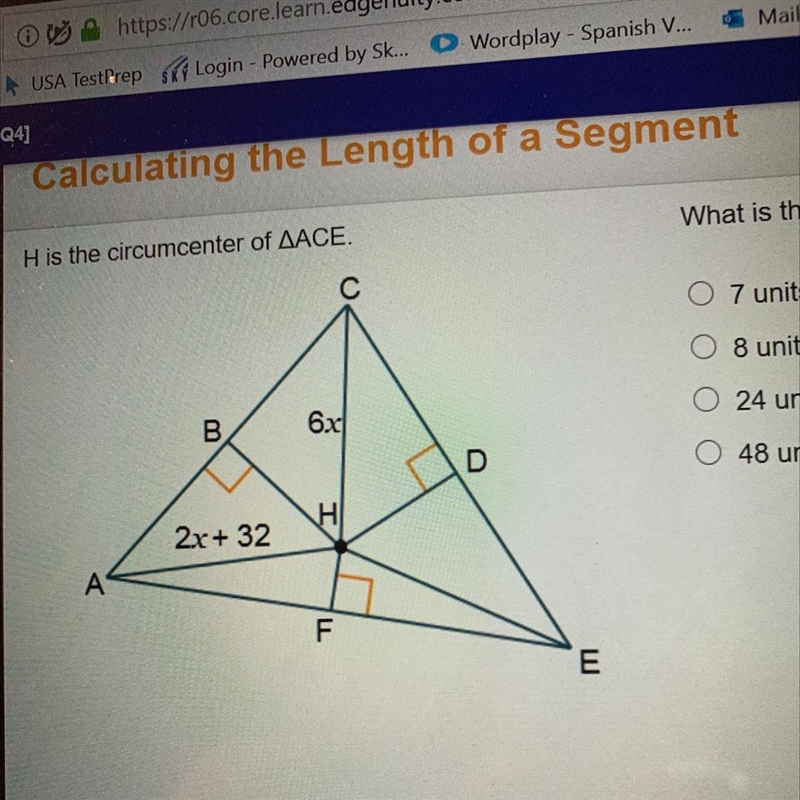 H is the circumcenter of ACE what is the length of HA? 7 8 24 48-example-1