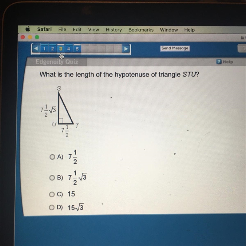 What is the length of the hypotenuse of triangle STU?-example-1