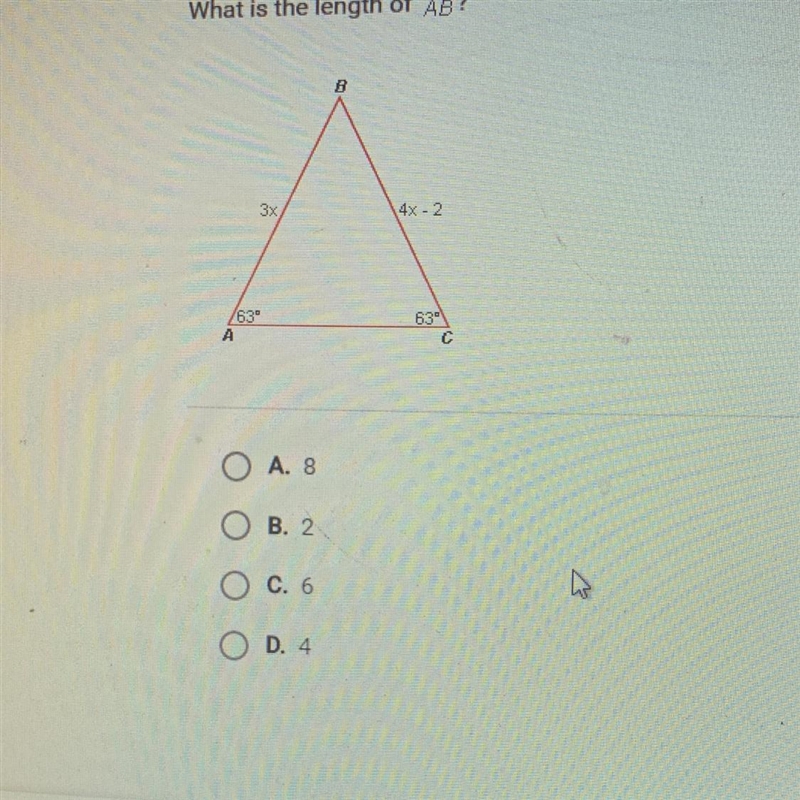 What is the length of AB? А. 8 В. 2 С. 6 D. 4-example-1